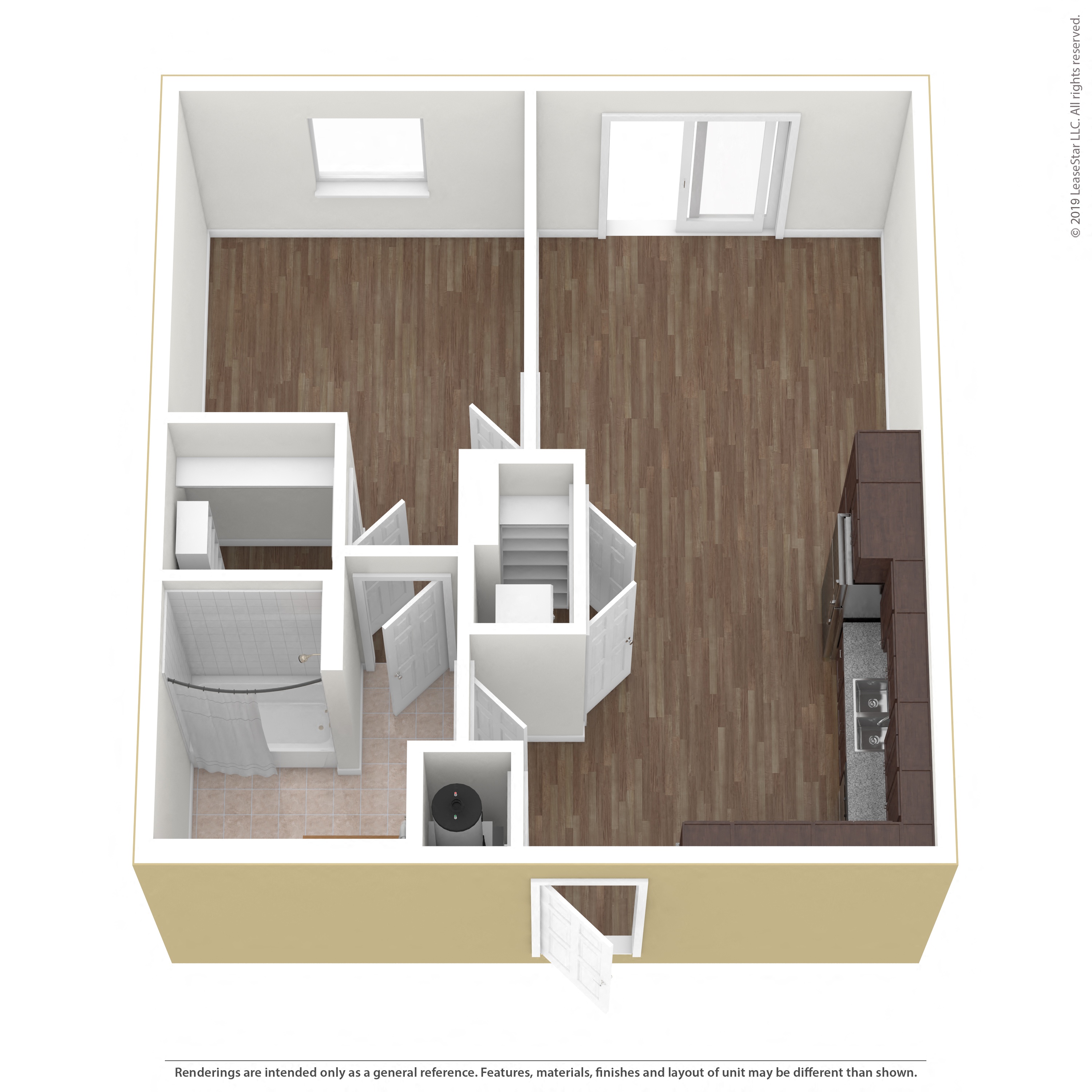Floor plan for 1 bed, 1 bath, 630 sqft